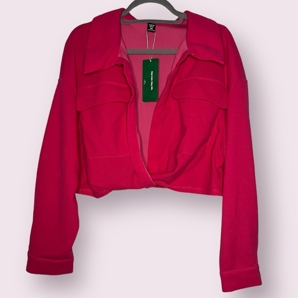 SHEIN EZwear Plus Hot Pink Flap Pocket Twist Hem Crop Blouse 2X
